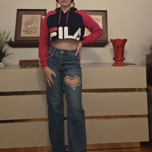 FILA Super Cropped Oversized Hoodie. Red & Navy. Sz XS